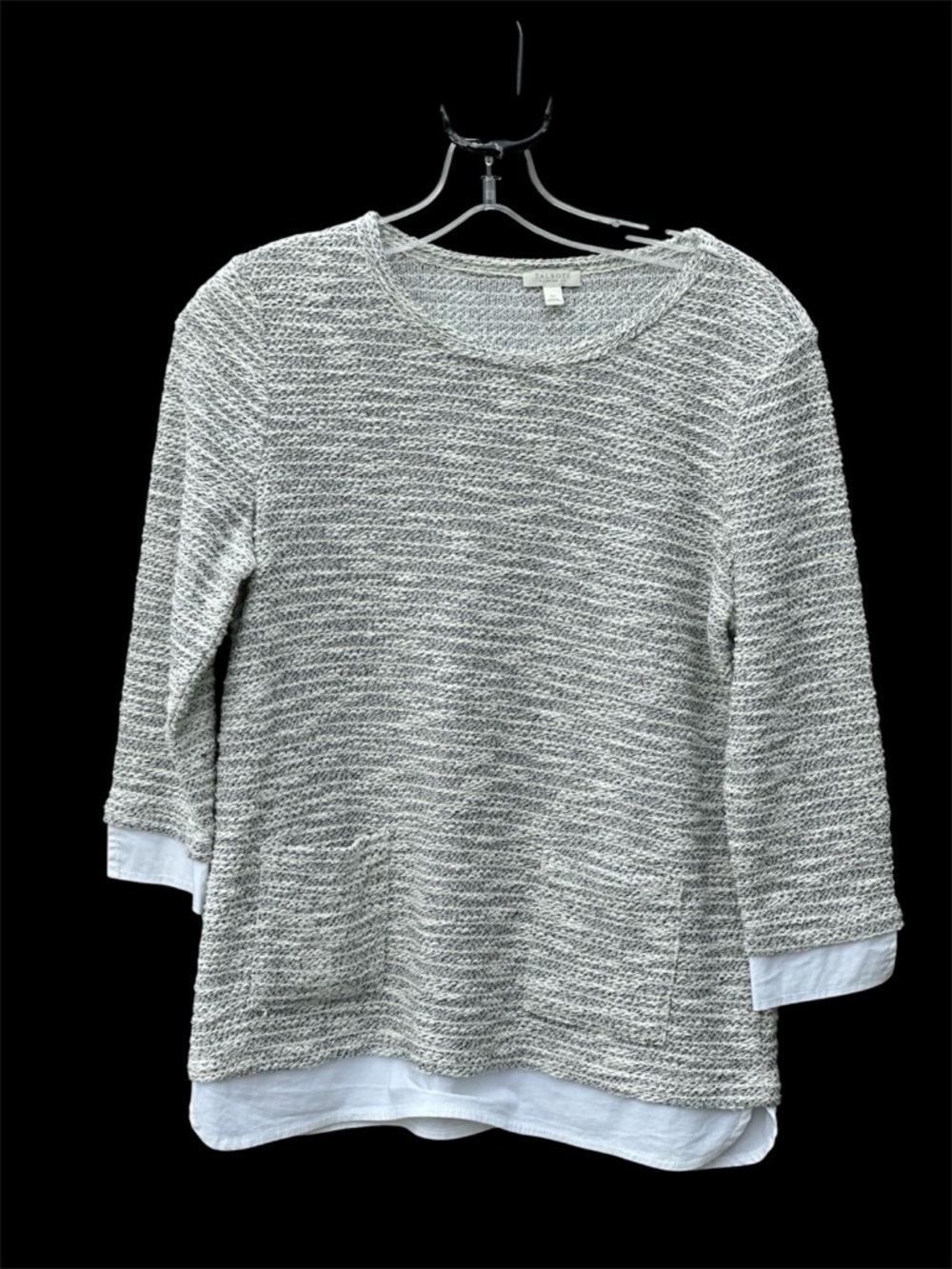 Talbots Gray & White Light Layered Knit Pullover- SP- Pockets